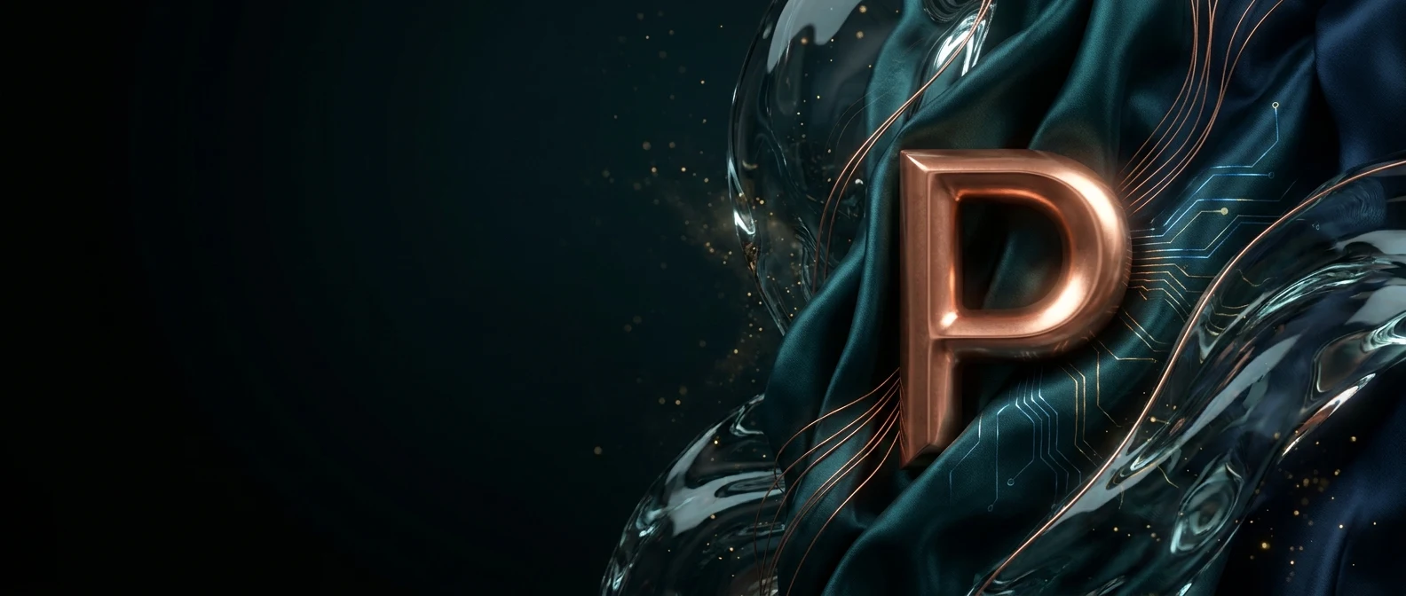 A metallic 'P' monogram represents Purushottam Niraula, with swirling teal and silver textures.